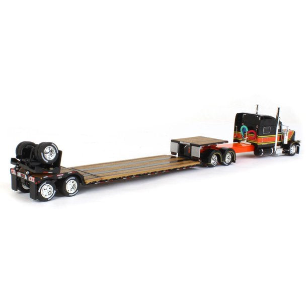 1/64 SCALE DCP / FIRST GEAR PETERBILT 389 STRETCHED BLACK/ORANGE WITH  LOWBOY DROP DECK TRAILER 60-1300