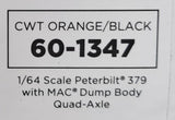 1/64 DCP / FIRST GEAR PETERBILT 379 QUAD AXLE ORANGE/BLACK WITH WORKING DUMP BODY  60-1347