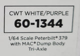 1/64 DCP / FIRST GEAR PETERBILT 379 TRI AXLE WHITE/PURPLE WITH WORKING DUMP BODY  60-1344