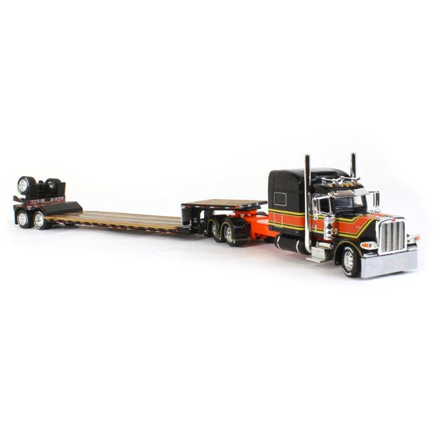 1/64 SCALE DCP / FIRST GEAR PETERBILT 389 STRETCHED BLACK/ORANGE WITH  LOWBOY DROP DECK TRAILER 60-1300