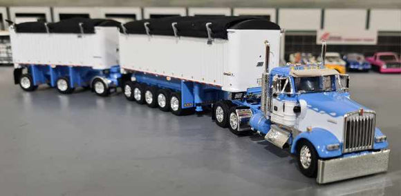 1/64 DCP KENWORTH W900L WISTERIA WHITE WITH TWIN TIPPER TRAILERS 60-1633