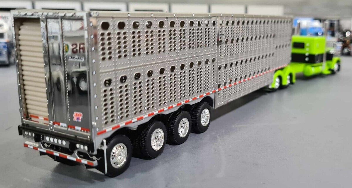1/64 DCP PETERBILT 389 LIME GREEN/SILVER & QUAD AXLE LIVESTOCK TRAILER TUFFTRUCKS SCALE MODELS