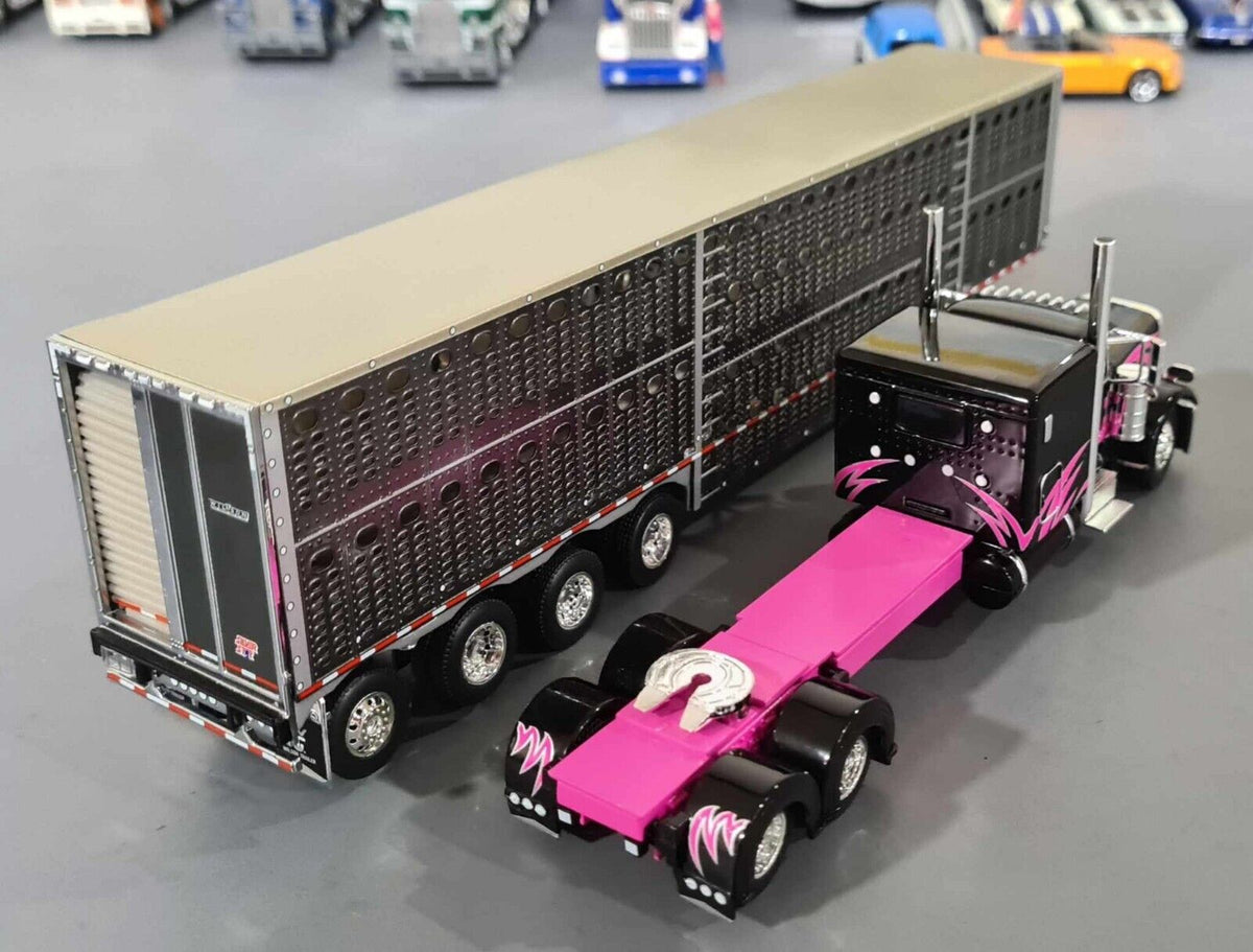 1/64 DCP PETERBILT 389 BLACK/GRAY WITH QUAD AXLE LIVESTOCK TRAILER 60 TUFFTRUCKS SCALE MODELS