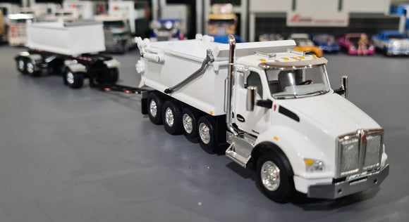 DCP/FIRST GEAR 1/64 KENWORTH T880 QUAD AXLE WITH ROGUE TIPPER BODY AND ROGUE TRANSFER TANDEM DUMP TRAILER  60-1279 WHITE