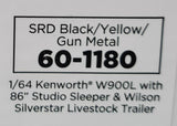 DCP / FIRST GEAR 1/64  KENWORTH W900L BLACK/YELLOW/GUN METAL WITH QUAD AXLE LIVESTOCK  TRAILER *****60-1180