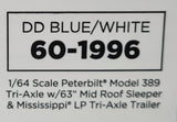 1/64 DCP / FIRST GEAR PETERBILT 389 TRI DRIVE IN BLUE/WHITE WITH LPG TRI AXLE TANKER TRAILER 60-1996