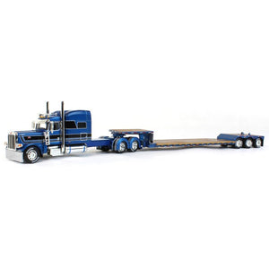 1/64 SCALE DCP / FIRST GEAR PETERBILT 389 STRETCHED BLUE/BLUE WITH LOWBOY DROP DECK TRAILER 60-1302