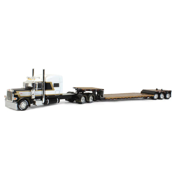 1/64 SCALE DCP / FIRST GEAR PETERBILT 389 STRETCHED BLACK/WHITE WITH LOWBOY DROP DECK TRAILER 60-1301