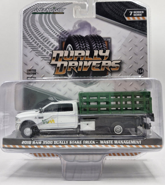 GREENLIGHT 2018 RAM 3500 DUALLY STAKE TRUCK WASTE MANAGMENT WHITE/GREEN NEW ON CARD
