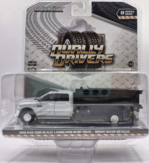 GREENLIGHT 2018 RAM 3500 DUALLY LANDSCAPER DUMP TRUCK BRIGHT SILVER METALLIC NEW ON CARD