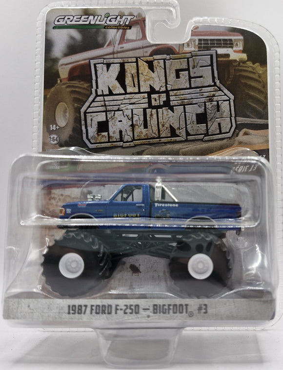 GREENLIGHT 1987 FORD F-250 KING OF CRUNCH BIGFOOT #3 BLUE NEW ON CARD