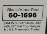 1/64 DCP / FIRST GEAR PETERBILT 389 BLACK/VIPER RED WITH J&L VAC VERSION PNEUMATIC TANKER TRAILER 60-1696