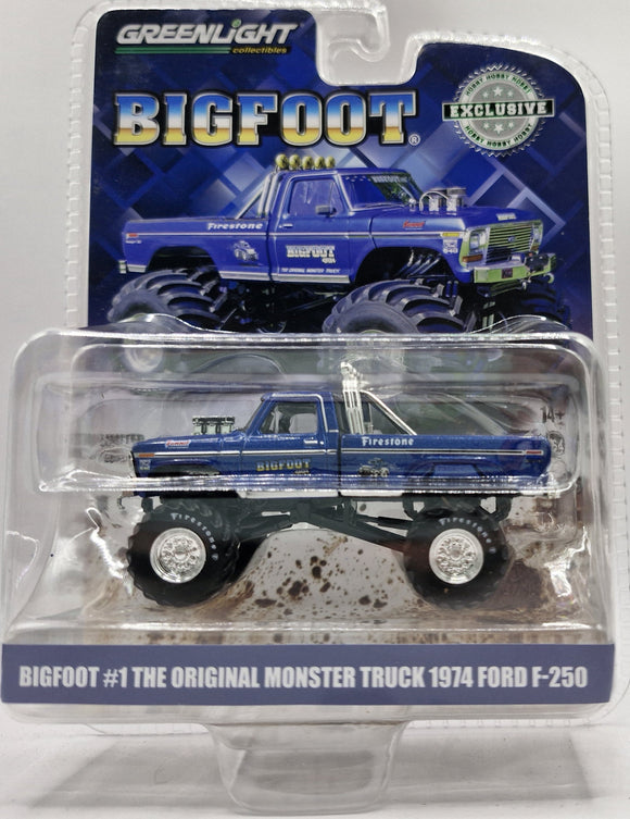 GREENLIGHT 1974 FORD F-250 KING OF CRUNCH BIGFOOT #1 BLUE NEW ON CARD
