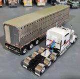 DCP / FIRST GEAR 1/64  KENWORTH W900L TRI DRIVE WHITE/SILVER WITH TRIAXLE LIVESTOCK  TRAILER *****60-1211