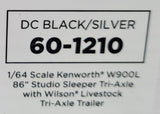 DCP / FIRST GEAR 1/64  KENWORTH W900L TRI DRIVE BLACK/SILVER WITH TRIAXLE LIVESTOCK  TRAILER *****60-1210
