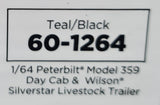 1/64 DCP / FIRST GEAR PETERBILT 359 TEAL/BLACK WITH LIVESTOCK TRAILER 60-1264