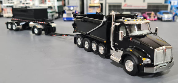 DCP/FIRST GEAR 1/64 KENWORTH T880 QUAD AXLE WITH ROGUE TIPPER BODY AND ROGUE TRANSFER TANDEM DUMP TRAILER  60-1276 BLACK