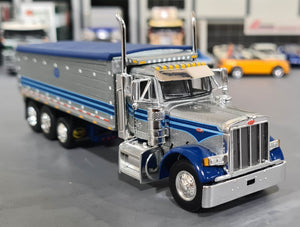 1/64 DCP / FIRST GEAR PETERBILT 379 TRI AXLE SILVER/BLUE WITH WORKING DUMP BODY  60-1342