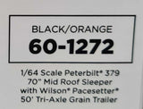 Copy of 1/64 DCP / FIRST GEAR PETERBILT 379 BLACK/ORANGE WITH TRI AXLE GRAIN TRAILER 60-1272