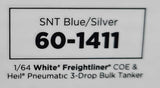 1/64 DCP FREIGHTLINER COE IN BLUE/SILVER WITH 3 DROP PNEUMATIC TANKER TRAILER 60-1411