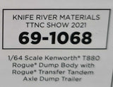 DCP/FIRST GEAR 1/64 KENWORTH T880 KNIFE RIVER QUAD AXLE WITH ROGUE TIPPER BODY AND ROGUE TRANSFER TANDEM DUMP TRAILER  69-1068