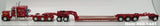1/64 DCP PETERBILT 389 RED WITH FLAMES TRI DRIVE BLUE & HEAVY LOWBOY TRI AXLE TRAILER JEEP/STINGER 60-1441