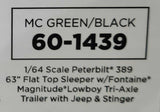 1/64 DCP PETERBILT 389 TRI DRIVE & HEAVY LOWBOY TRI AXLE TRAILER WITH JEEP/STINGER GREEN/BLACK 60-1439