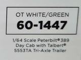 1/64 SCALE DCP PETERBILT 389 WHITE/GREEN WITH TRI TILTING TALBERT TRAILER 60-1447