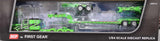 1/64 DCP PETERBILT 389 TRI DRIVE & HEAVY LOWBOY TRI AXLE TRAILER WITH JEEP/STINGER GREEN/BLACK 60-1439