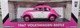 1/18 GREENLIGHT 1967 VW BETTLE IN PINK AND WHITE WITH RIGHT HAND DRIVE NEW IN BOX