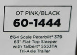1/64 SCALE DCP PETERBILT 389 WITH SLEEPER PINK/BLACK WITH TRI TILTING TALBERT TRAILER 60-1444