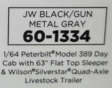 1/64 DCP PETERBILT 389 BLACK/GRAY WITH QUAD AXLE LIVESTOCK TRAILER 60-1334