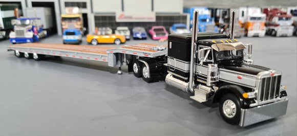 1/64 SCALE DCP PETERBILT 389 WITH SLEEPER BLACK/SILVER WITH TRI TILTING TALBERT TRAILER 60-1445