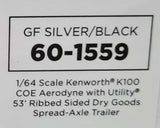 DCP / FIRST GEAR KENWORTH K100 GRAY & BLACK AERODYNE WITH MATCHING TRAILER  *****60-1559