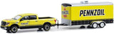 GREENLIGHT 2018 NISSAN TITAN XD PRO-4X WITH ENCLOSED CAR HAULER HITCH AND TOW YELLOW/BLACK NEW ON CARD