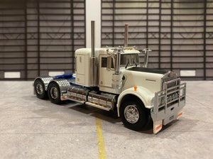 1/50 SCALE KENWORTH W900 ALLOY WHEELS LOWLINE SLEEPER WHITE WITH BLUE CHASSIS MADE BY ICONIC REPLICAS