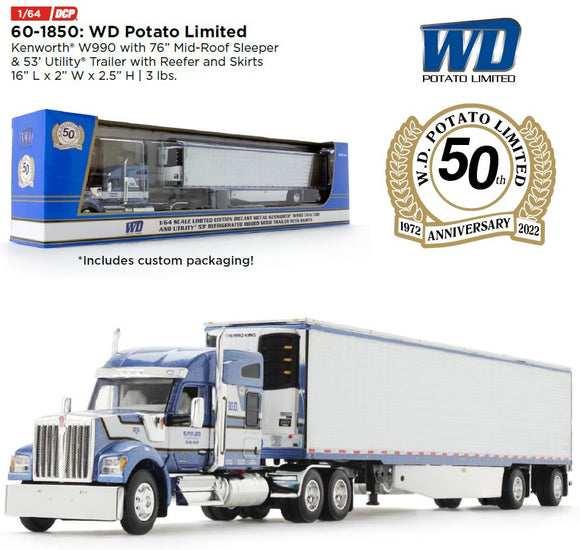 1/64 DCP / FIRST GEAR WD POTATO KENWORTH W990 WITH REFRIGERATED TRAILER 60-1850