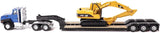 1/87 DIECAST MASTERS CAT SEMI TRACTOR WITH LOWBOY TRAILER AND CAT DIECAST MACHINES BLUE NEW IN BLISTER PACK