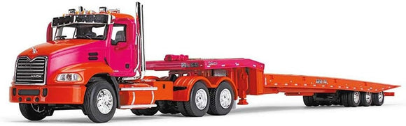 1/64 SCALE DCP MACK PINNACLE WITH SLEEPER ORANGE/FUCHSIA WITH TRI TILTING TALBERT TRAILER 60-1648