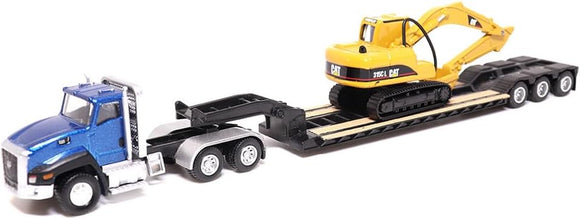 1/87 DIECAST MASTERS CAT SEMI TRACTOR WITH LOWBOY TRAILER AND CAT DIECAST MACHINES BLUE NEW IN BLISTER PACK