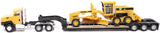 1/87 DIECAST MASTERS CAT SEMI TRACTOR WITH LOWBOY TRAILER AND CAT DIECAST MACHINES YELLOW NEW IN BLISTER PACK