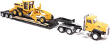 1/87 DIECAST MASTERS CAT SEMI TRACTOR WITH LOWBOY TRAILER AND CAT DIECAST MACHINES YELLOW NEW IN BLISTER PACK