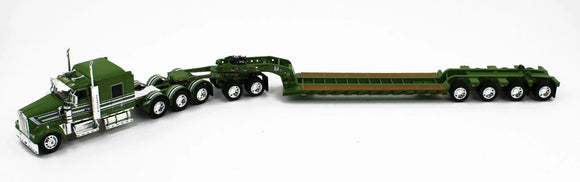 1/64 DCP KENWORTH W900L GREEN/WHITE TRI DRIVE BLUE & HEAVY LOWBOY TRI AXLE TRAILER AND JEEP 60-1700
