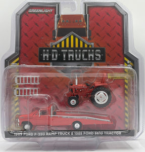 GREENLIGHT 1969 FORD F-350 RAMP TRUCK & 1985 FORD 5610 TRACTOR RED NEW ON CARD