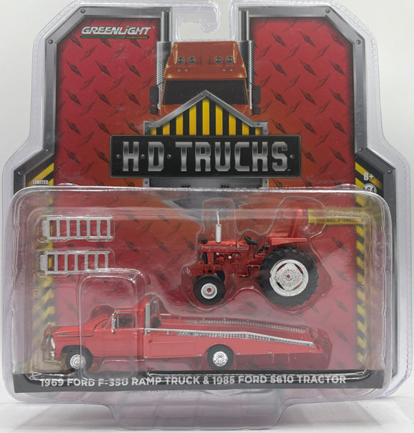 GREENLIGHT 1969 FORD F-350 RAMP TRUCK & 1985 FORD 5610 TRACTOR RED NEW ON CARD