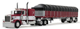 Dcp / First Gear 1/64  Peterbilt Model 389 with 63" Flat Top Sleeper and 53' Wilson Roadbrute Flatbed with Covered Wagon in Maroon and White **60-2058