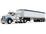 1/64 Dcp / First Gear Kenworth W990 IN WHITE/BLUE With Tri Axle GRAIN Trailer 60-2177