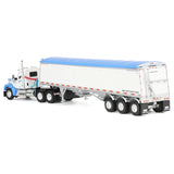 1/64 Dcp / First Gear Kenworth W990 IN WHITE/BLUE With Tri Axle GRAIN Trailer 60-2177
