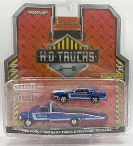 GREENLIGHT 1969 FORD F-350 RAMP TRUCK & 1969 FORD MUSTANG BLUE/WHITE NEW ON CARD