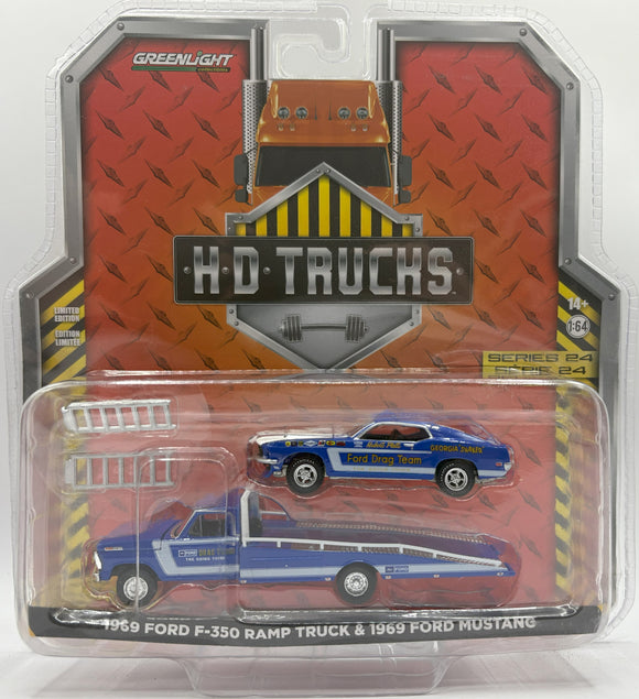 GREENLIGHT 1969 FORD F-350 RAMP TRUCK & 1969 FORD MUSTANG BLUE/WHITE NEW ON CARD